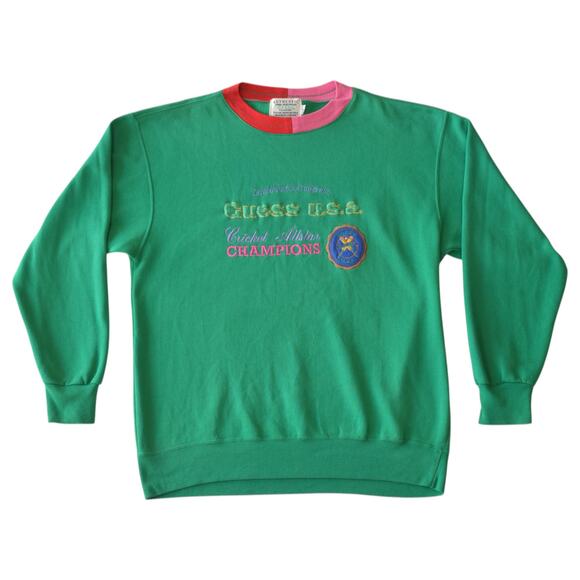 Vintage 80s Guess USA Sweatshirt XL Made in Korea Cricket Allstar Green Pullover - Picture 1 of 5